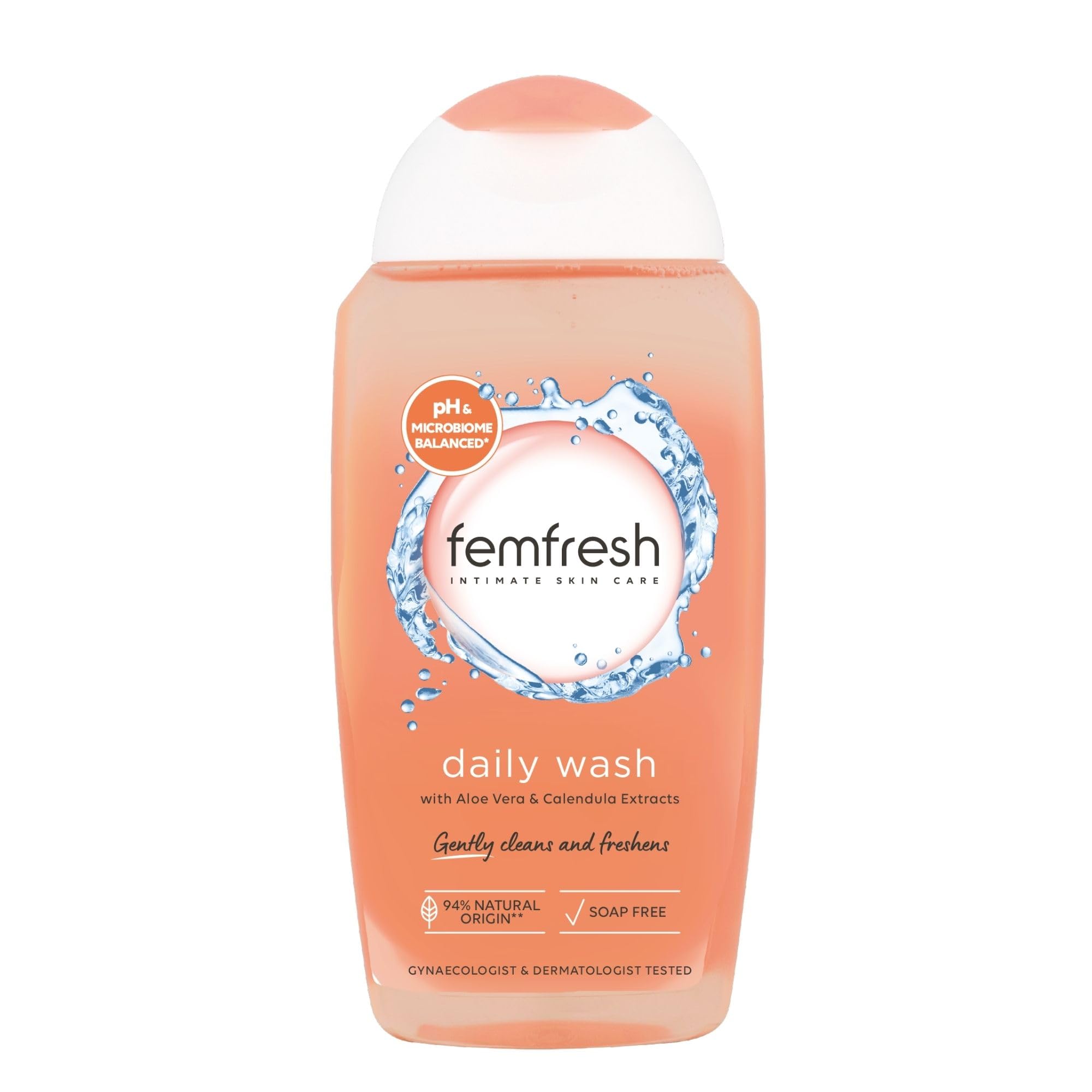 Femfresh Intimate Wash 250ml, Daily pH-Balanced Cleanser, Soap Free, Aloe Vera and Calendula, Hypoallergenic, Dermatologist and Gynaecologist Tested, Suitable for Sensitive Skin
