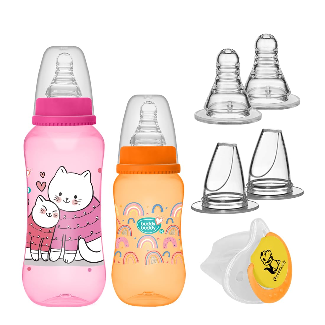 Buddsbuddy Premium Welcome Baby Gift Set for Newborn with Regular Neck BPA Free Baby Mark Feeding Bottles 125ml, 250ml, Baby Pacifier/Soother, Silicone Teats/Nipples,Sippy Spout Teat (Pack of 7)