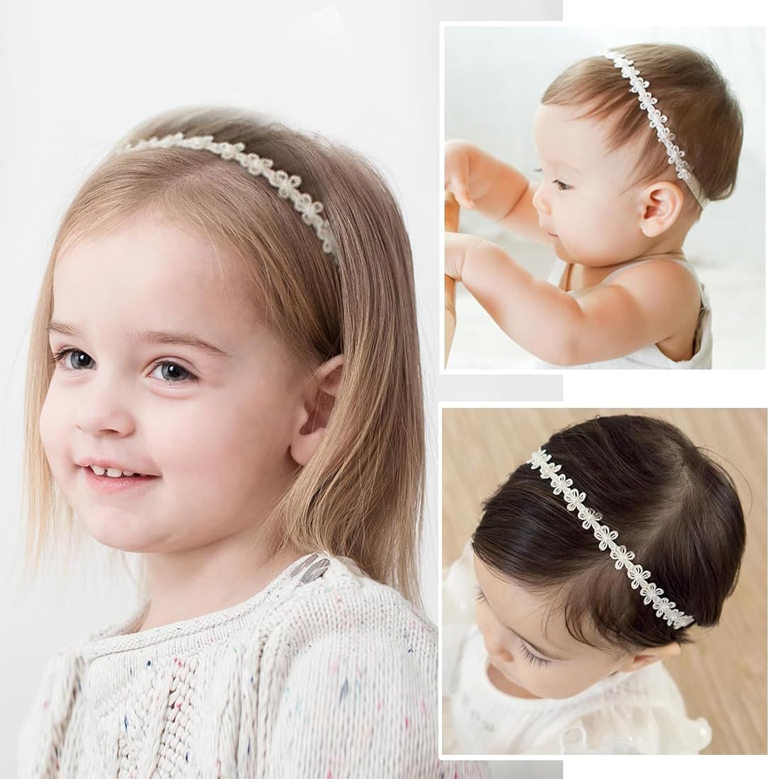 Bandeau blanc en perles pour bébé fille, bandeau de baptême élastique en nylon pour fille, 1 unité (Lot de 1)