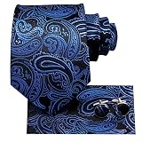 Hi-Tie Extra Long Blue Black Paisley Silk Neckties for Men Ties Set Pocket Square Cuff links 3PC XL