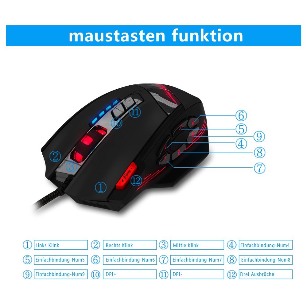 zelotes Professiona Souris de jeu filaire, 4800 DPI, 12 boutons programmables, réglage du poids, haute précision, rétroéclairage multi-modes, design ergonomique, souris optique USB pour ordinateur