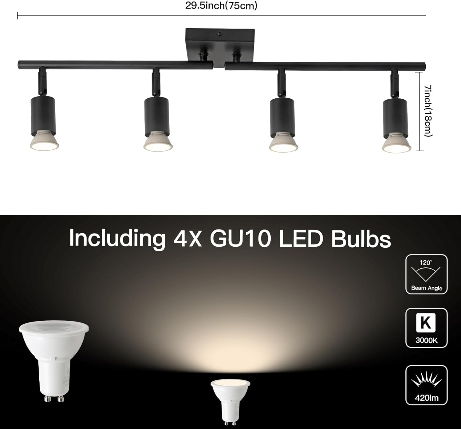 SEEBLEN 4-Light GU10 Track Lighting, Black Adjustable Ceiling Spot Light Kit, Industrial Flush Mount LED Track Light for Kitchen, Hallway, Living Room