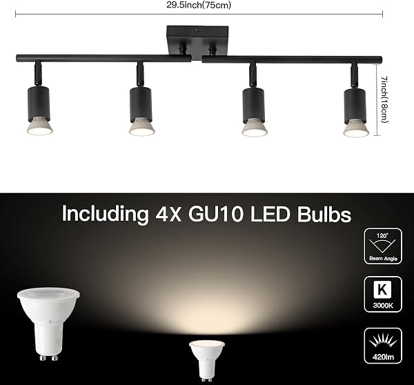 SEEBLEN 4-Light LED Track Lighting Kit,Black Track Lighting with Rotatable Light Heads,Directional Kitchen Ceiling Light for Kitchen Dining Room Hallway Closet Bedroom. - 2