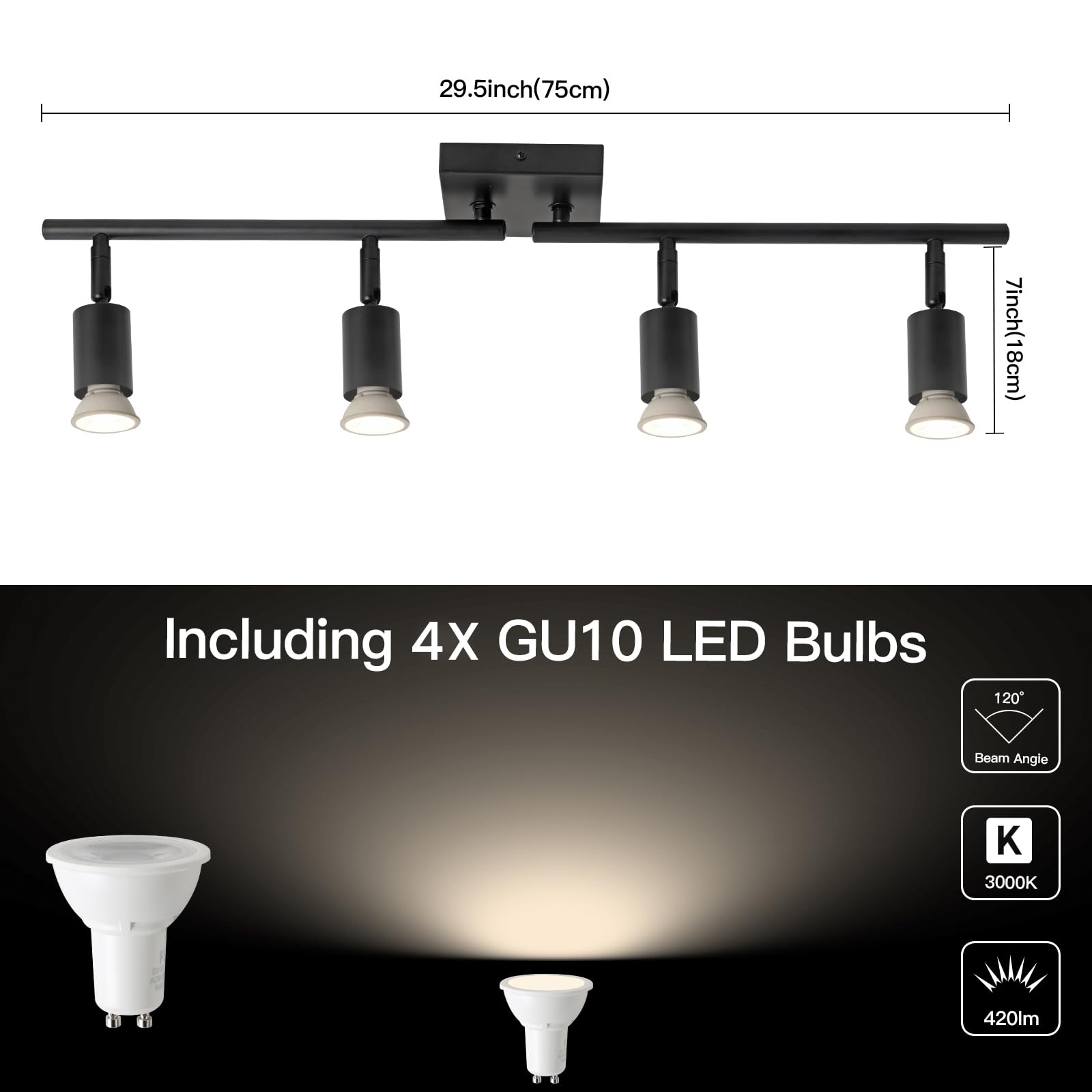 SEEBLEN 4-Light LED Track Lighting Kit,Black Track Lighting with Rotatable Light Heads,Directional Kitchen Ceiling Light for Kitchen Dining Room Hallway Closet Bedroom. — view 2