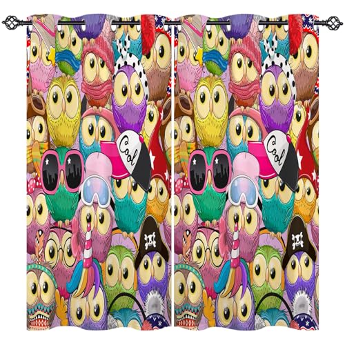 ANHOPE Owl Curtains Eyelet Soft Thermal Insulated Blackout Curtains Cute Colorful Cartoon Animal Owls Print Pattern Ring Top Curtains for Kids Bedroom Living Room 66 x 54 Inch Drop 2 Panels