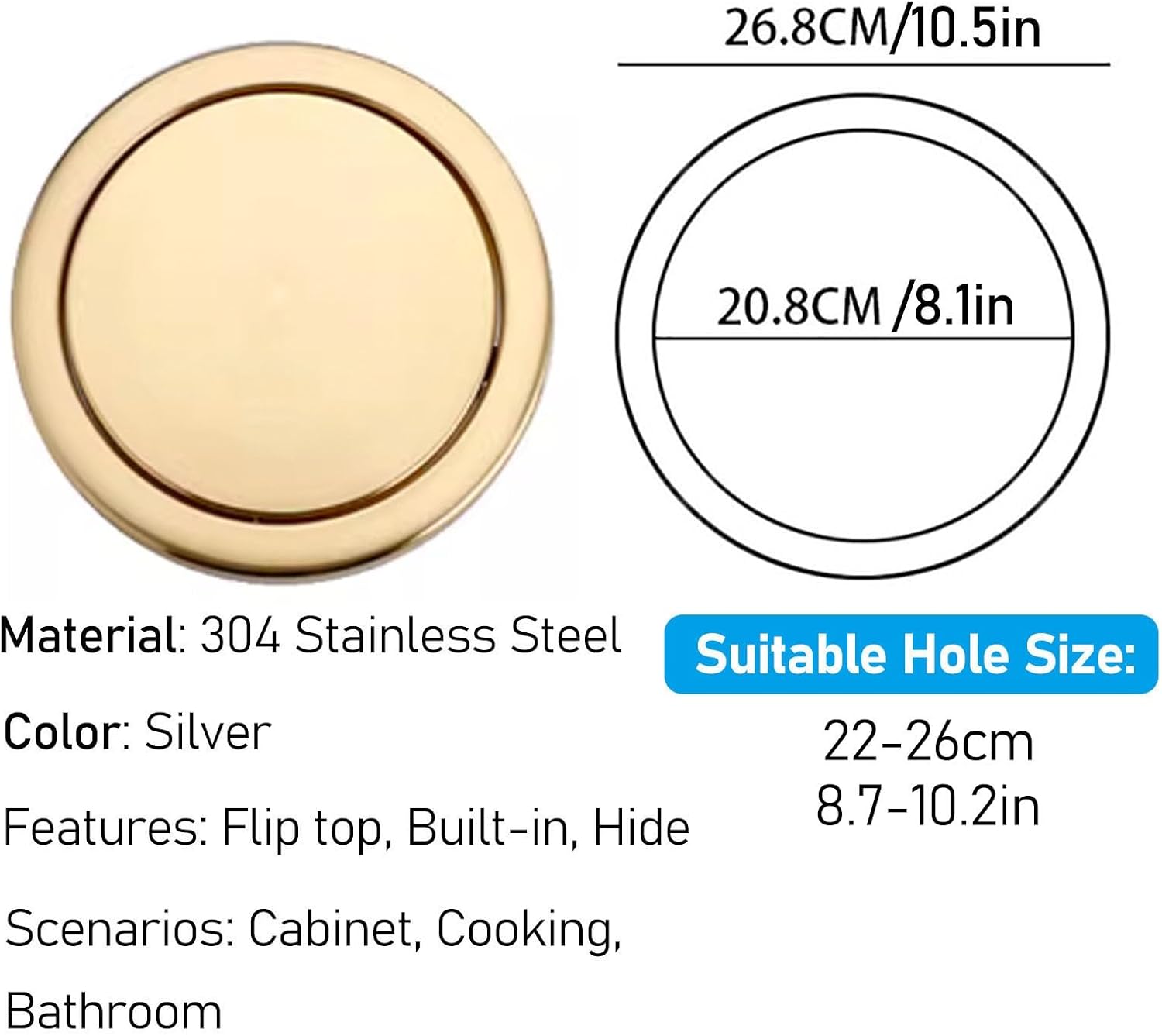 Round Countertop Embedded Waste Lid, Flip Top Built-in Trash Chute Cover, Restaurant Trash Can Panel 304 Stainless Steel for Kitchen Bathroom Office(Gold,22-26cm/8.7-10.2in Opening)