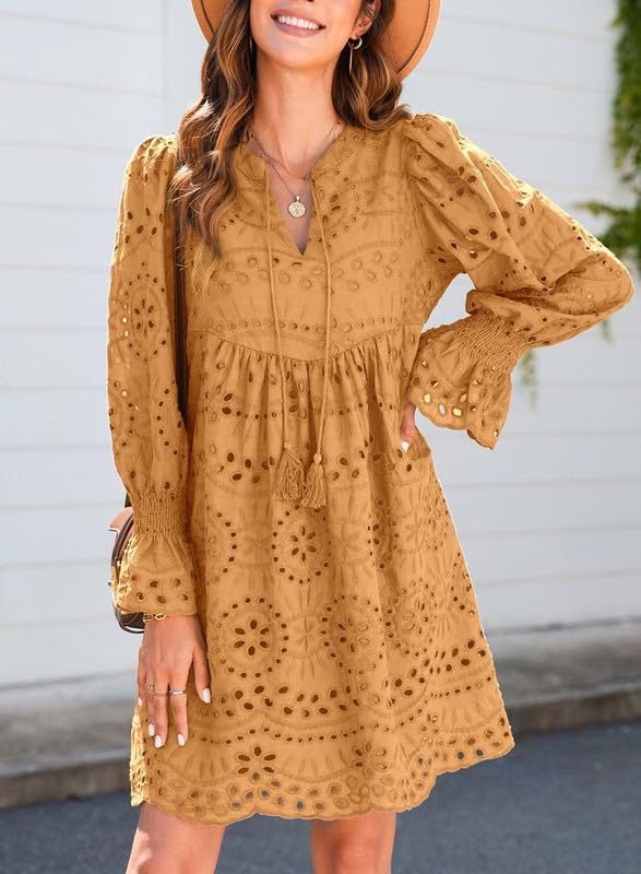 Image of Dokotoo Womens 2026 Boho Dress Tassel V Neck Long Sleeve A Line Casual Hollow Out Lace Ruffle Party Dresses