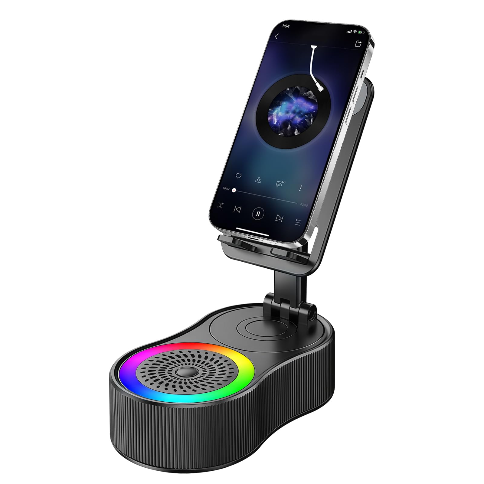Cell Phone Stand with Wireless Bluetooth Speaker Stereo Sound 360 Adjustable Phone Holder Foldable Anti-Slip Base Home and