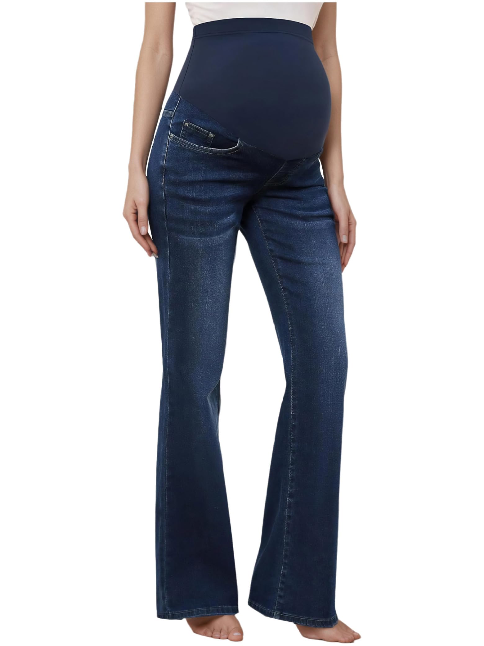 Pantalones vaqueros de maternidad para mujer, con cintura alta, elásticos, acampanados, con bolsillos