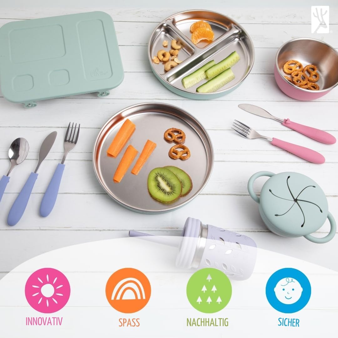 Elk and Friends Kinder 20 cm Edelstahl Teller ohne Unterteilung mit Silikonhülle | Deckel inklusive | Für Babys & Kleinkinder | Spülmaschinenfest | Rutschfest | Ess- & Snackteller | 4er Set