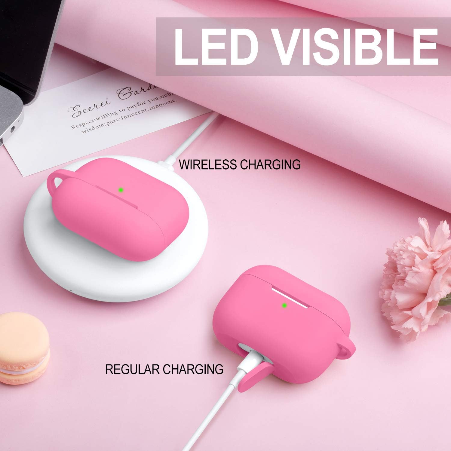 Witzon Compatible for AirPods Pro Case Silicone Cover with Cute Fur Ball Keychain Accessories [Front LED Visible] Replacement Protective Cases for Apple AirPod Pro Women Girls, Nightglow Purple/Pink