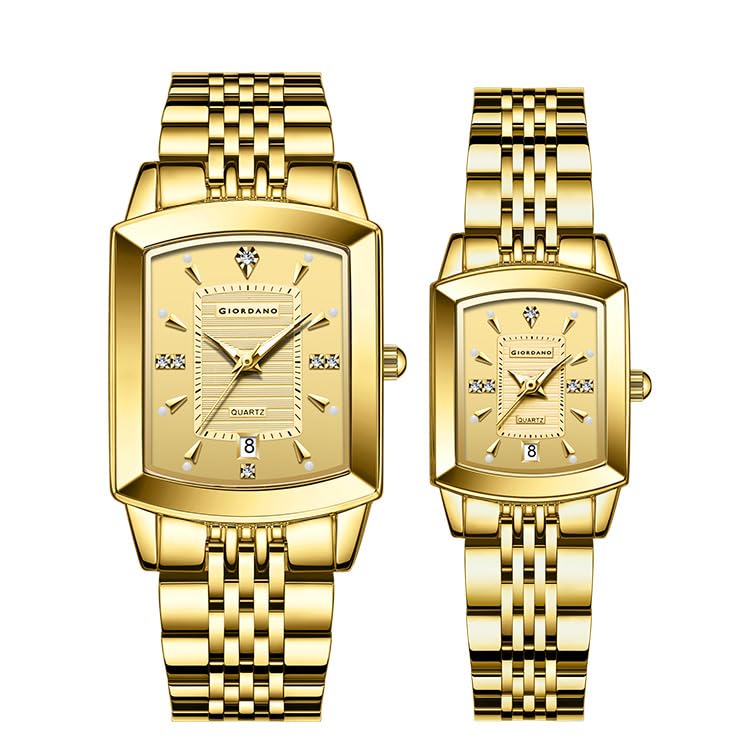 Image of Giordano Analog Pair Watch for Unisex with Square Dial, Crystal Indices, Date Display and Stainless Steel Strap