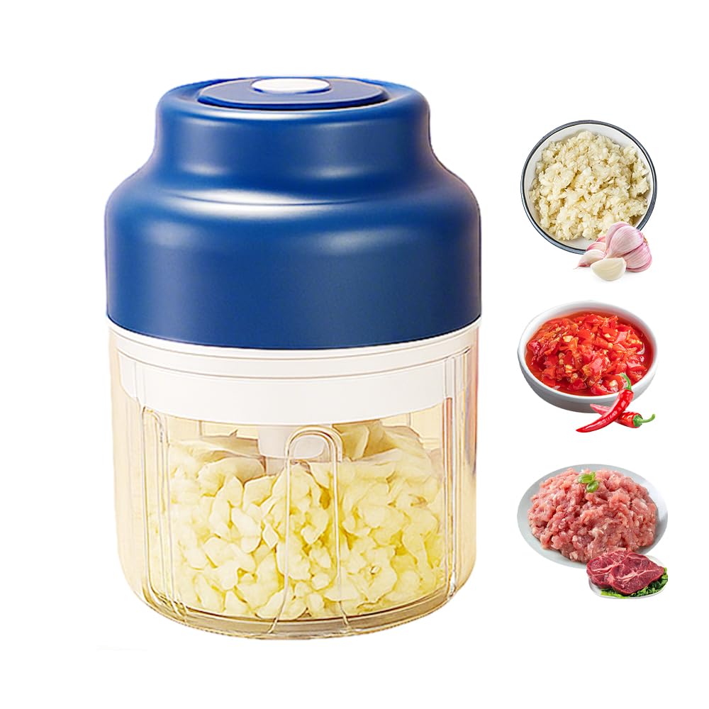 Electric Mini Garlic Chopper Set, 2026 New Small Garlic Chopper Mincer, Electric Food Chopper Tool, USB Rechargeable, Wireless Veggie Grinder, for Mashing Onion, Garlic, Chili, Ginger (Blue, 250ml)