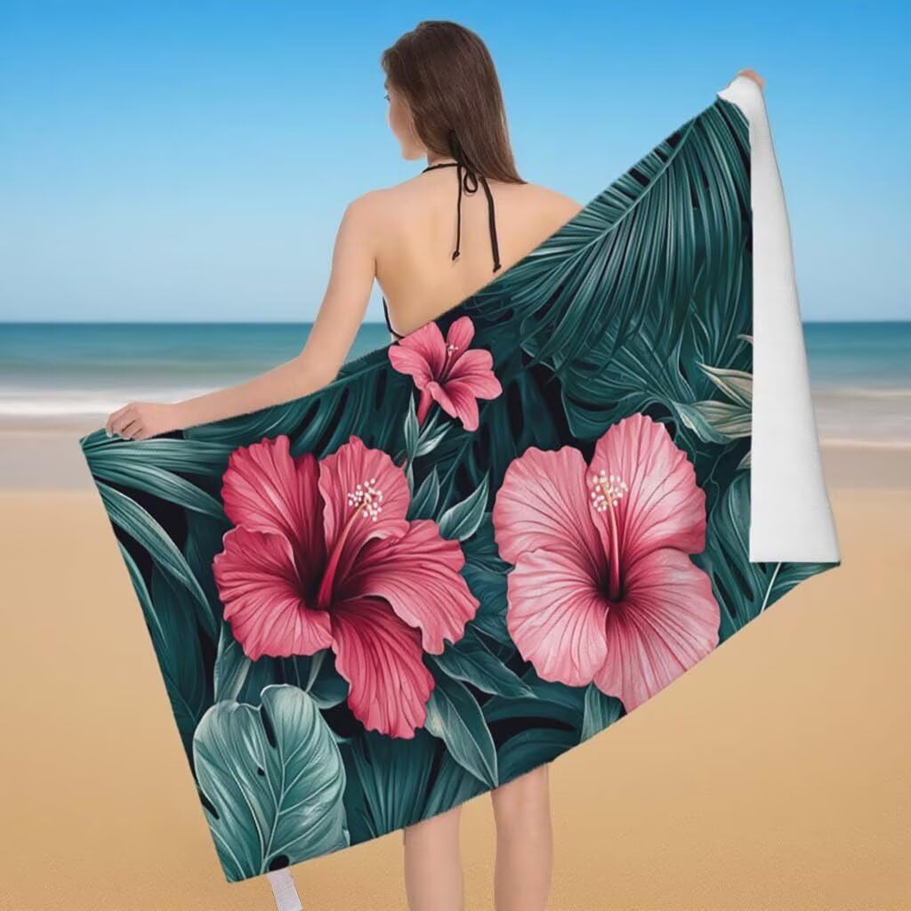 Telo Mare XXL 220x100cm/35x70cm, 2 Set Telo Mare Microfibra Fiore Asciugamano Palestra Uomo, Antisabbia, Leggero, Asciugatura Rapida, Teli da Spiaggia Grandi Accessori per Camping Natation Yoga F-4