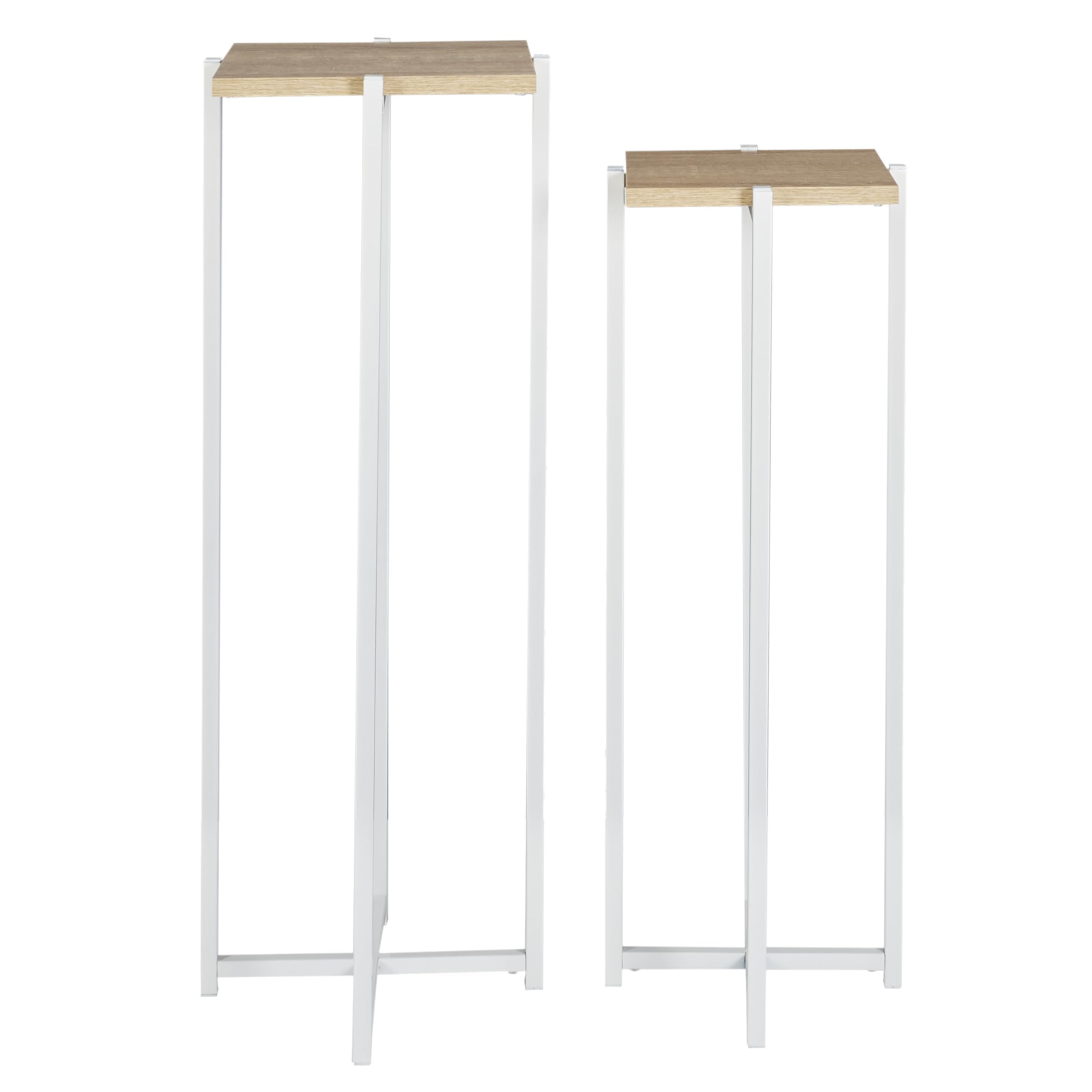 HOME DECO FACTORY - HD0051 Lot de 2 Sellettes en Bois et Métal - Design Tendance - Pratiques pour Salon ou Entrée - Dimensions 30 x 30 x 82 cm - Couleur Blanc Marron