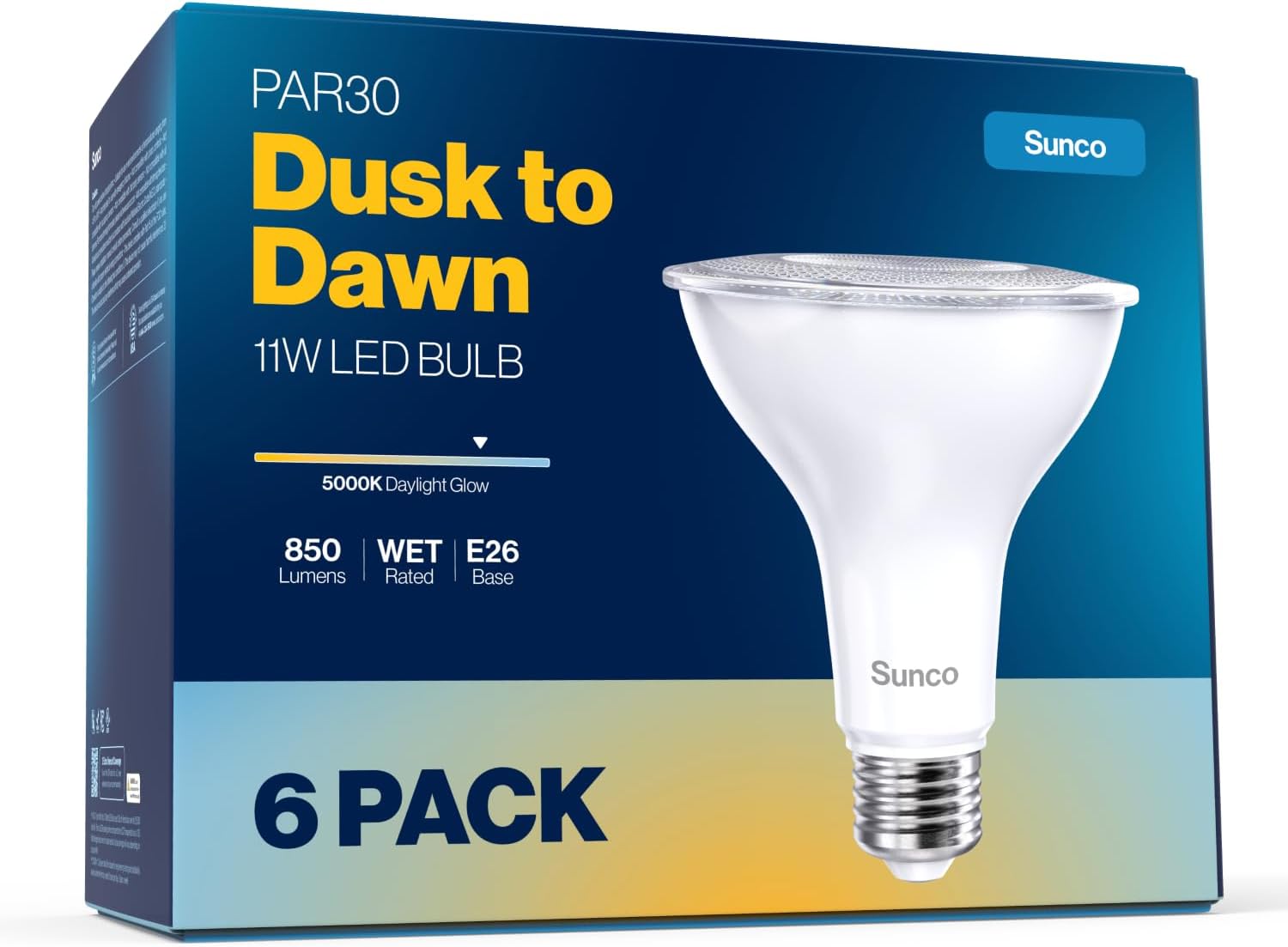 Sunco 6 Pack LED PAR30 Dusk to Dawn Light Bulb for Outside Porch, Patio, Backyard, 11W=75W, 850 LM, 5000K Daylight , Non-Dimmable, Photocell Sensor, UL
