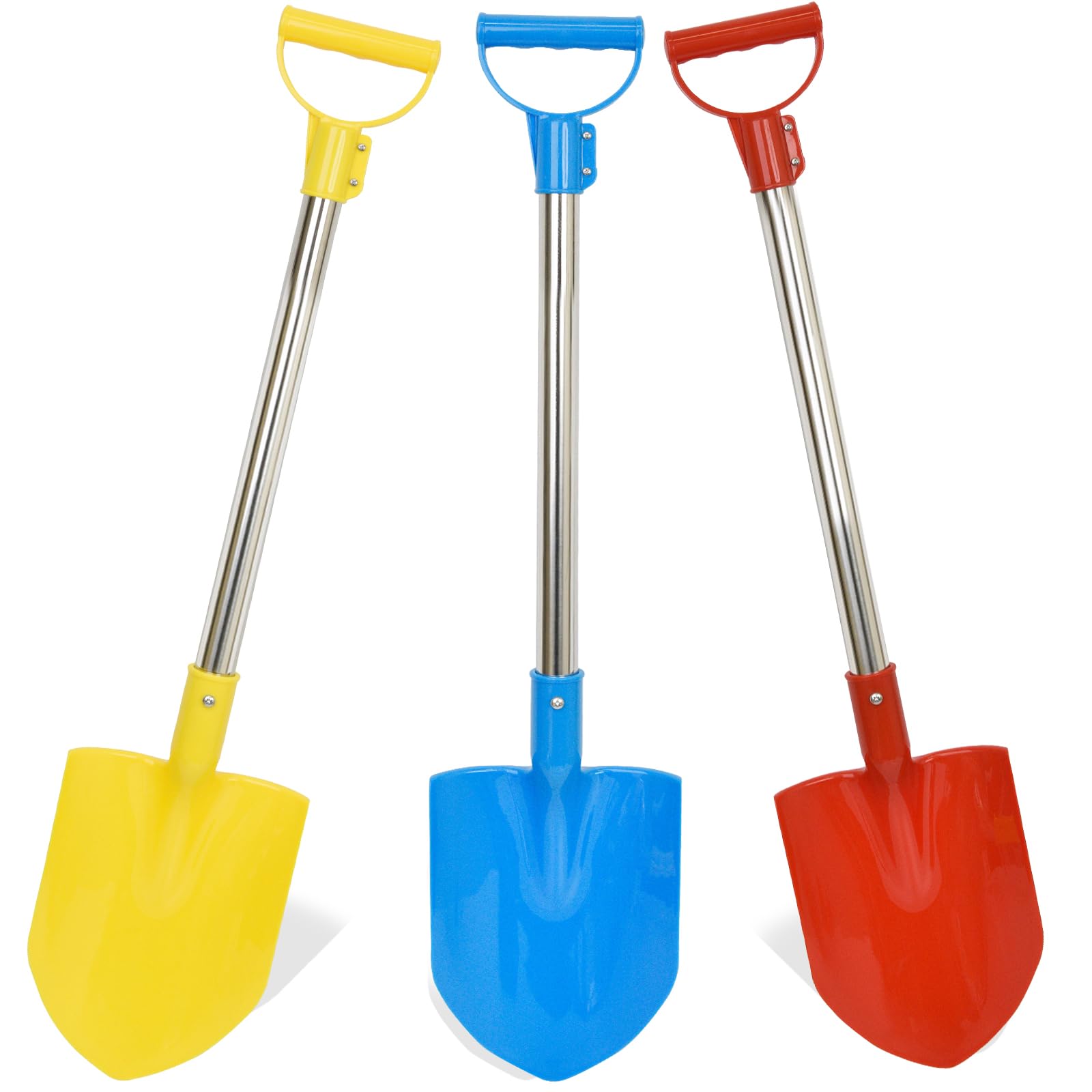 Beach Shovel Long Handle, 28" Sand Shovels for Beach Plastic Shovels for Oceanside Travel Digging Sand 3 Pack Stainless Steel Tube Comfort Grip Blue Yellow Red (Traditional Handle)