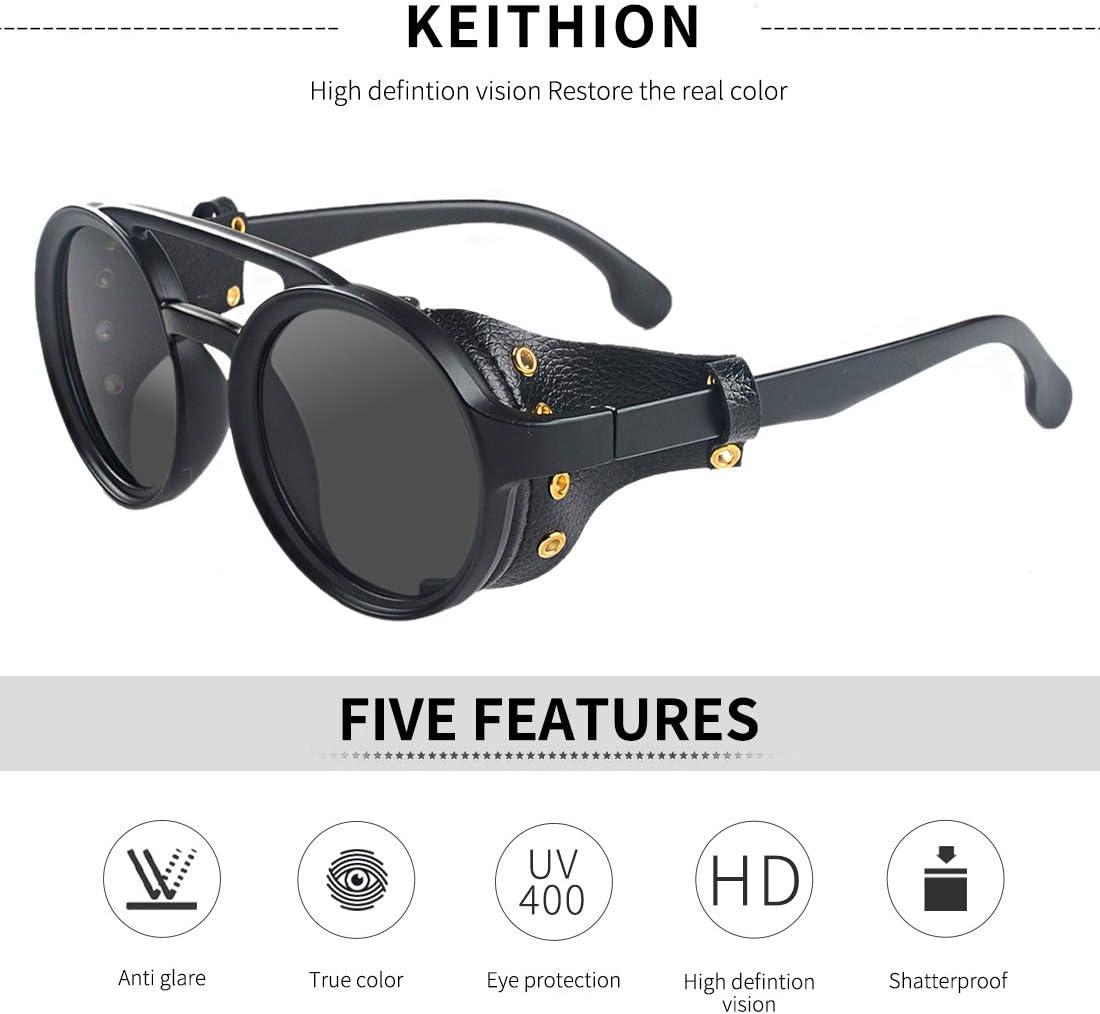 Keithion steampunk gafas de sol redondas vintage para hombres y mujeres con  gafas laterales de cuero