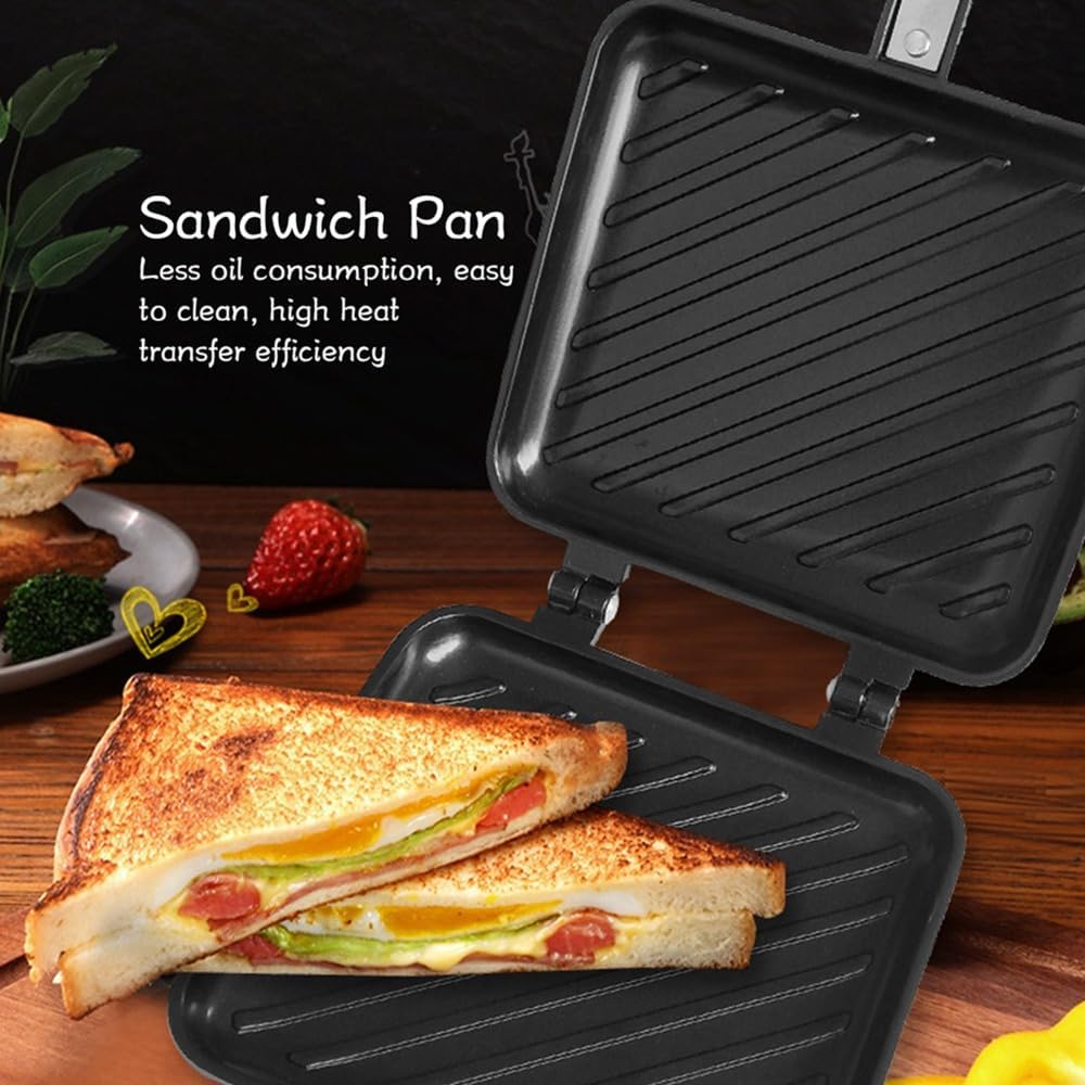 Sandwich Panini Pan 13.8x5.9in – Double-Sided Aluminum Alloy Nonstick Griddle for Stovetop, Flat Bottom Breakfast Maker with Cool-Touch Handle and Storage Hook