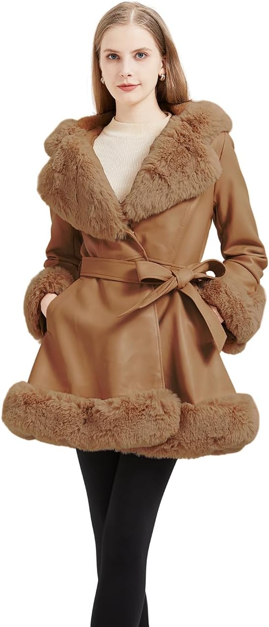 GRAN ORIENTE Women's Faux Leather Jacket with Faux Fur Collar, Winter Long Sleeve Furry Trim Peplum Parka Coat with Belt - Image 2
