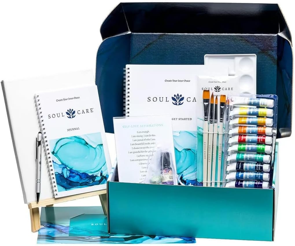 Painting Your Soul Kit Guided Painting & Mindfulness Art Therapy Set for Adults & Teens with Paints, Brushes, Canvas & Journal Creative Self-Care Gift for Stress Relief, Relaxation & Emotional Healing