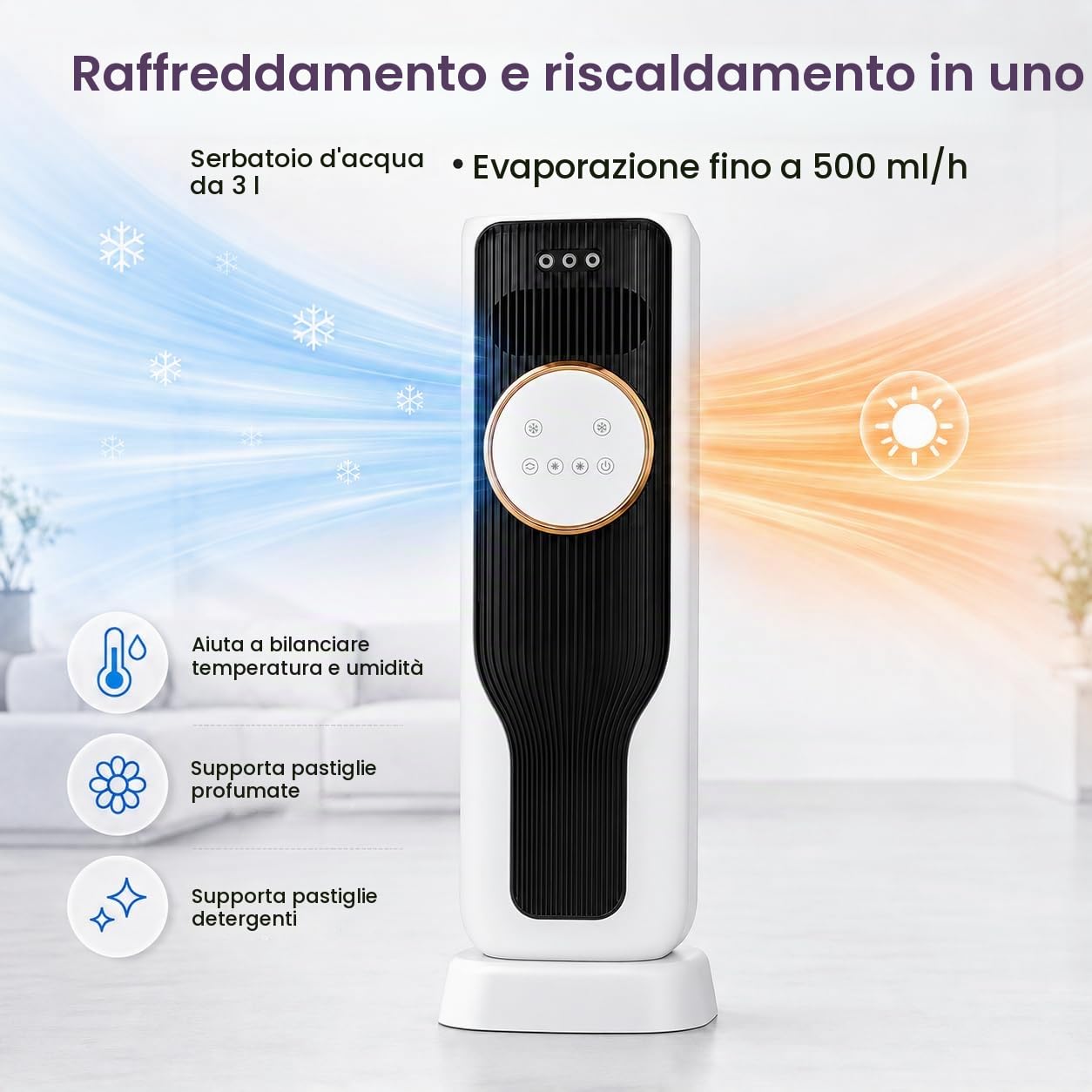 Climatizzatore Portatile con 5 Modalità Caldo e Freddo, Raffrescatore Evaporativo con Oscillazione 180° e Serbatoio 3L, Raffrescatore d’Aria per Casa Ufficio Soggiorno e Camera Da Letto (Bianco)
