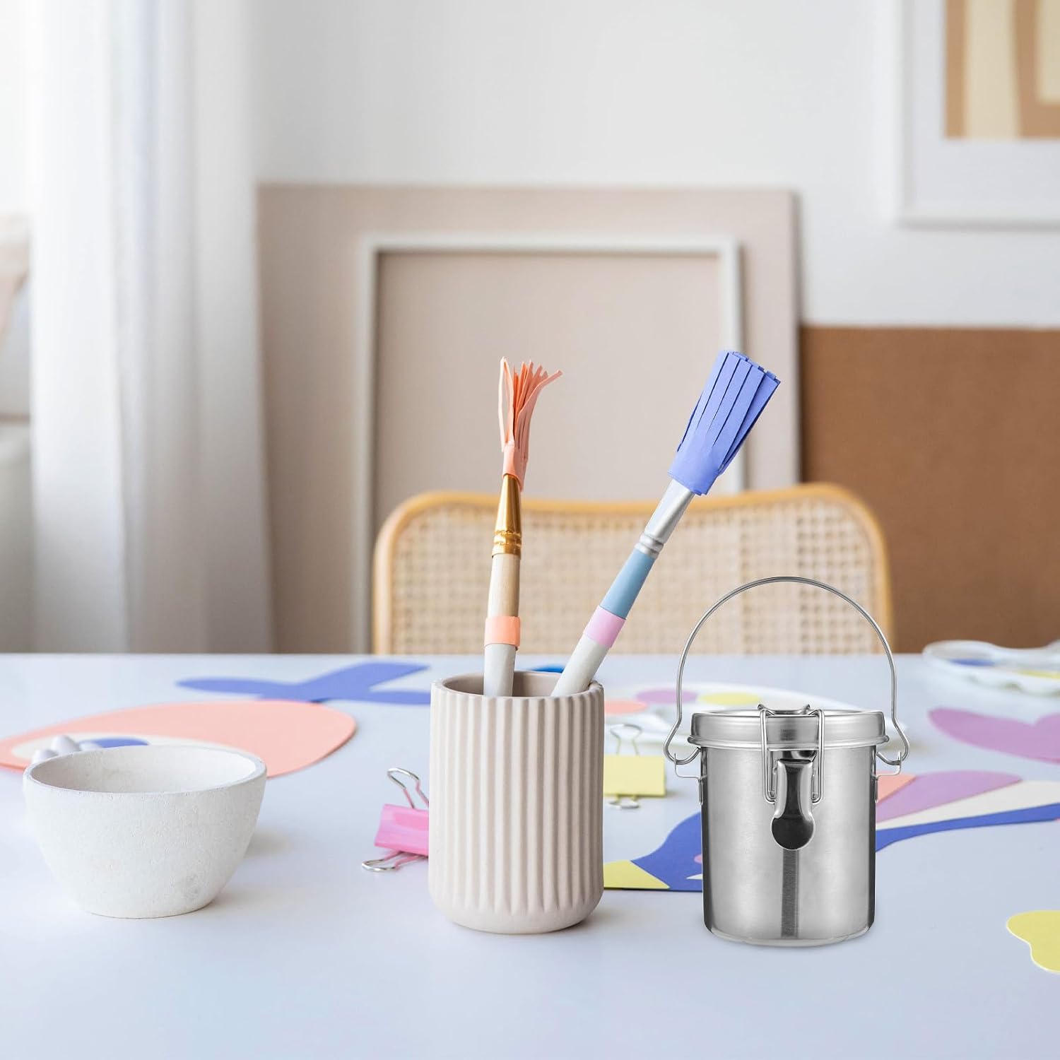 Stainless Steel Painting Brush Cleaning Bucket with Lid, Double-layer Metal Pen Washing Barrel for Artists, Small Size Painting Tool Container for Oil and Watercolor Brush Washer