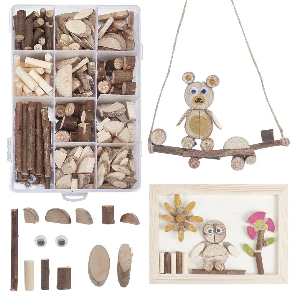 AHANDMAKER Wooden Unfinished Craft Kits DIY Wood Slices Kit Natural Wood Slices Loose Parts Play Materials Wooden Art Paint Bulk Crafts for DIY Painting Building Sorting Activities Projects