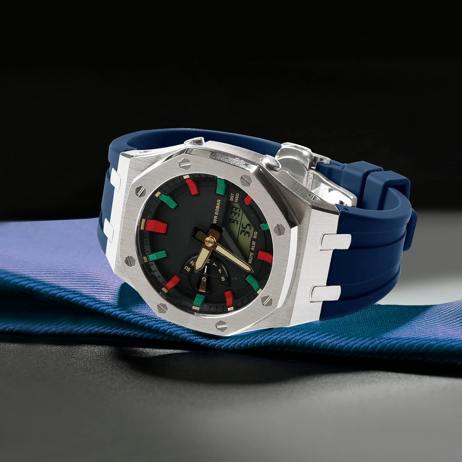 GA2100 Modification Kit - 5th Generation Stainless Steel Case with Rubber Strap - Compatible with GA-2100/GA-2110/GA-B2100 - Watch Accessory Replacement (Silver+dark blue set)