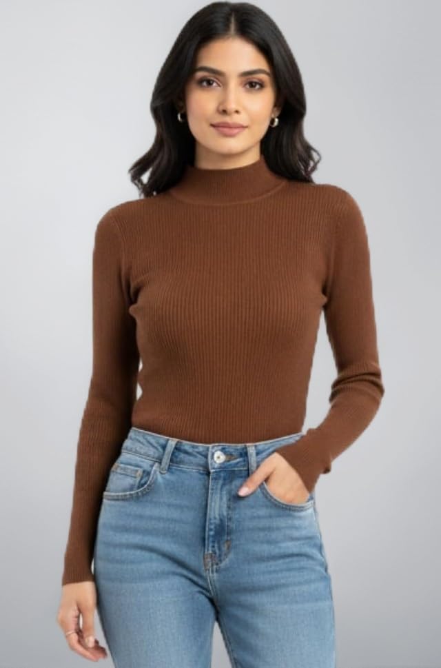 Women Ribbed High Neck Full Sleeve Top | Solid Stretchable Slim Fit Winter Wear Top for Casual & Office Use