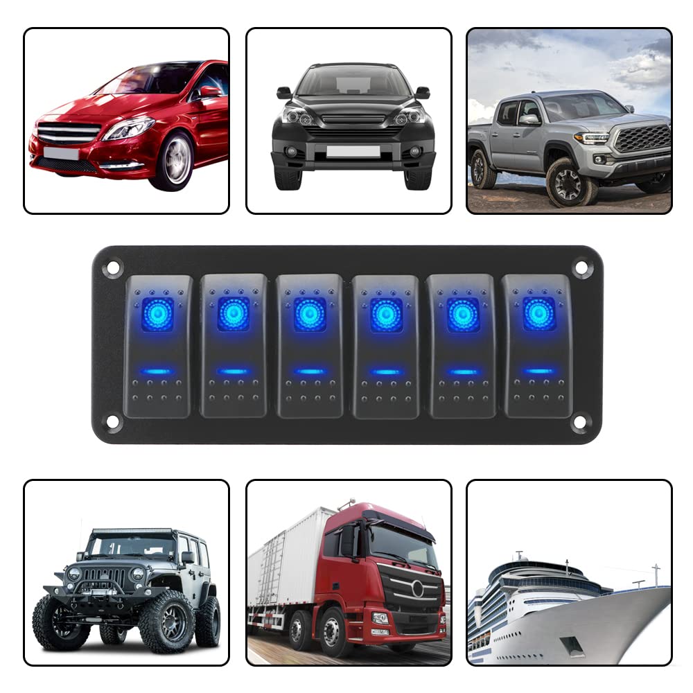 12-24V 6 Gang Boot Schakelpaneel, LED Light Bar Schakelpaneel Waterdicht Tuimelschakelaar Panel Professioneel Ontwerp voor Auto RV Boot Jacht Marine Eenvoudige Installatie (blauw) Caravan Onderdelen