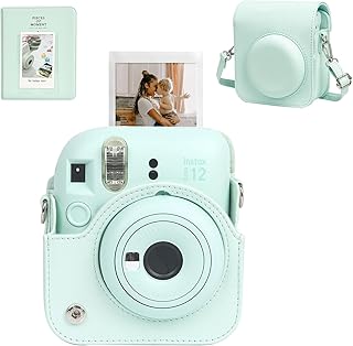 MAKINGTEC Case for Fujifilm Instax Mini 12 Camera Protective PU Leather Bag Cover with Adjustable Shoulder Strap and Mini Photo Album 64 Pockets (Mint Green)