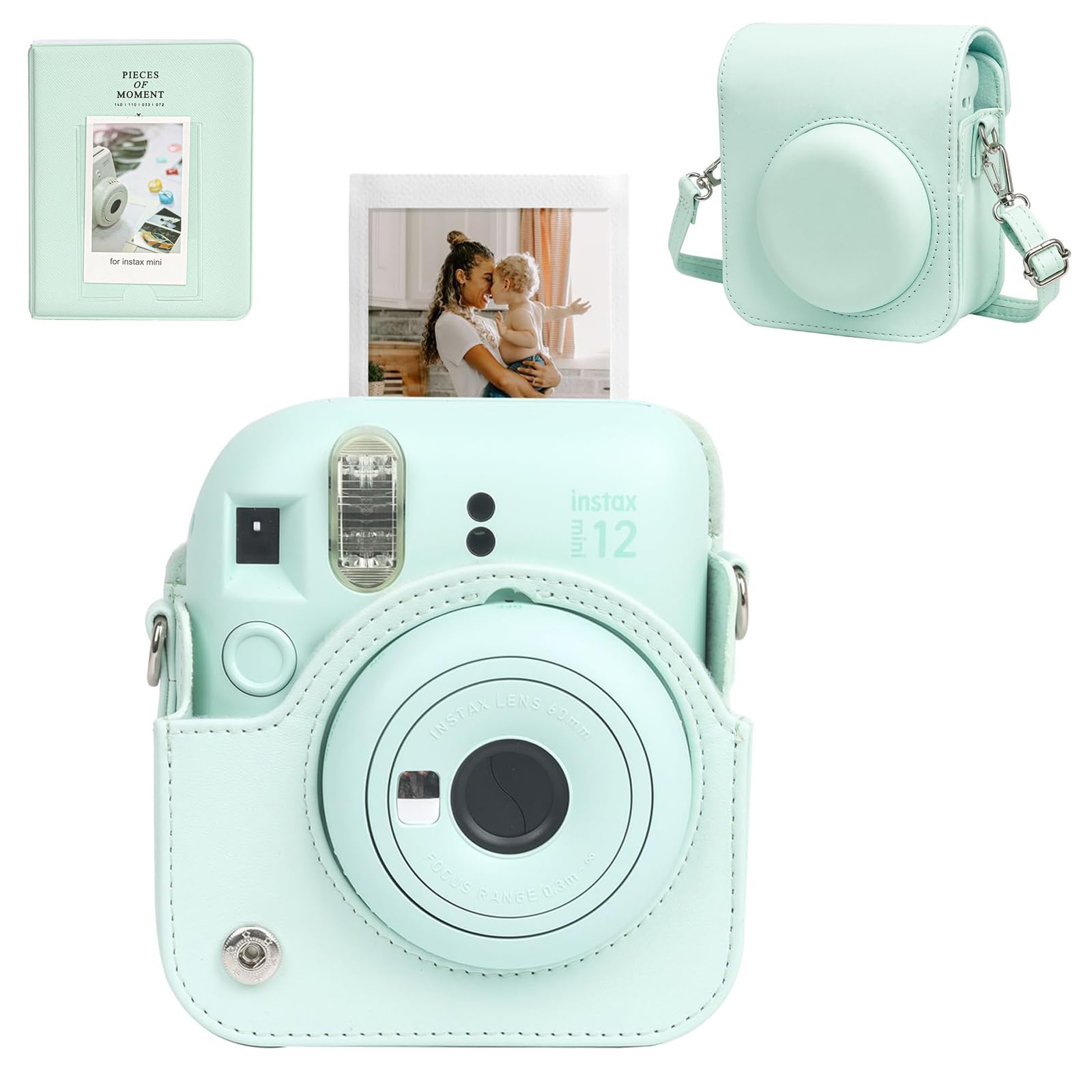 MAKINGTEC Case for Fujifilm Instax Mini 12 Camera Protective PU Leather Bag Cover with Adjustable Shoulder Strap and Mini Photo Album 64 Pockets (Mint Green)