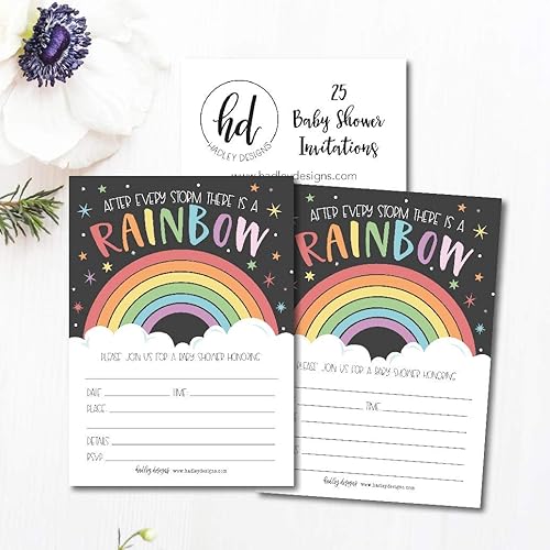 Miniatura 5 de Hadley Designs 25 invitaciones de baby shower arcoíris para niño o niña, tema de revelación de género neutro, lindo relleno impreso o escritura en