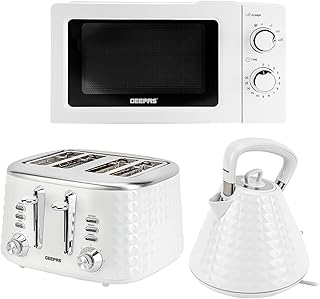 Geepas Electric Kettle 4 Slice Bread Toaster & Microwave Kitchen Set | 3000W 1.5L Traditional Pyramid Kettle | 1750W Toaster with 7 Level Browning Control | 700W Solo Manual Dial Microwave 20L | White