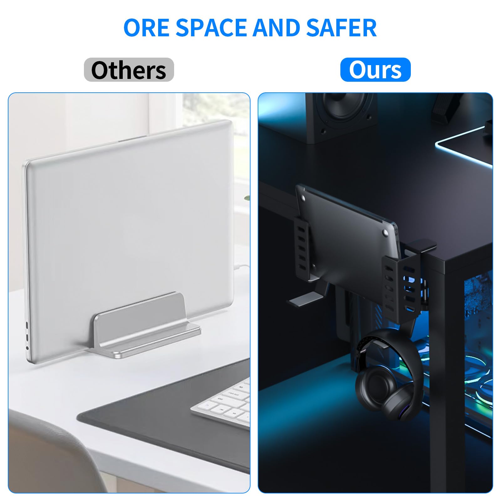 Organizer laterale da scrivania, larghezza regolabile, senza trapano sotto la scrivania, supporto per laptop, con morsetto per cuffie, organizer da scrivania per laptop, tastiere, cuffie