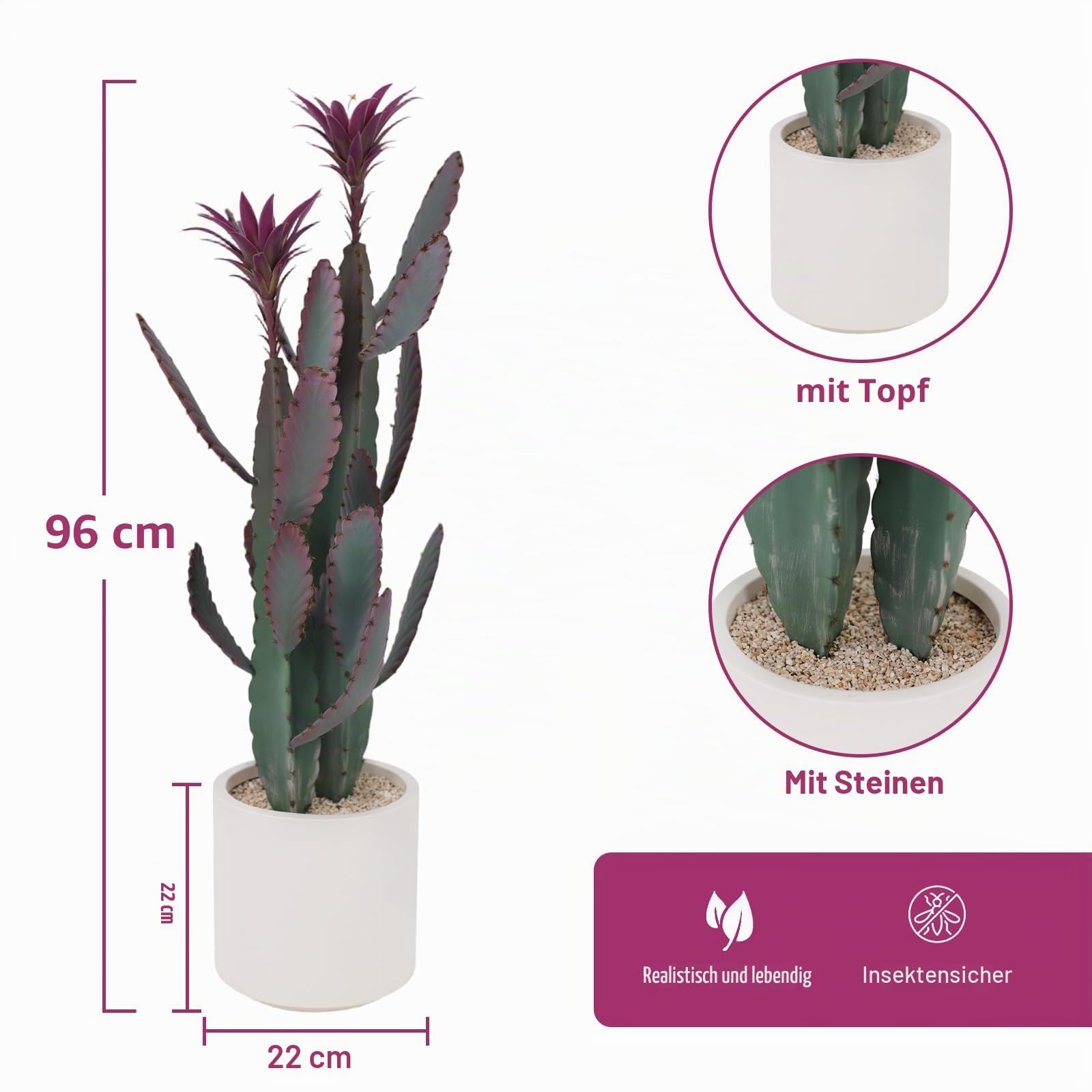 Künstlicher Saguaro Kaktus im Topf, Realistische Kunstpflanze Kaktus 96 x 22cm, Große Künstliche Sukkulente Pflegeleichte Pflanzen Deko mit Stein und Lila Blume für Zuhause, Garten, Büro