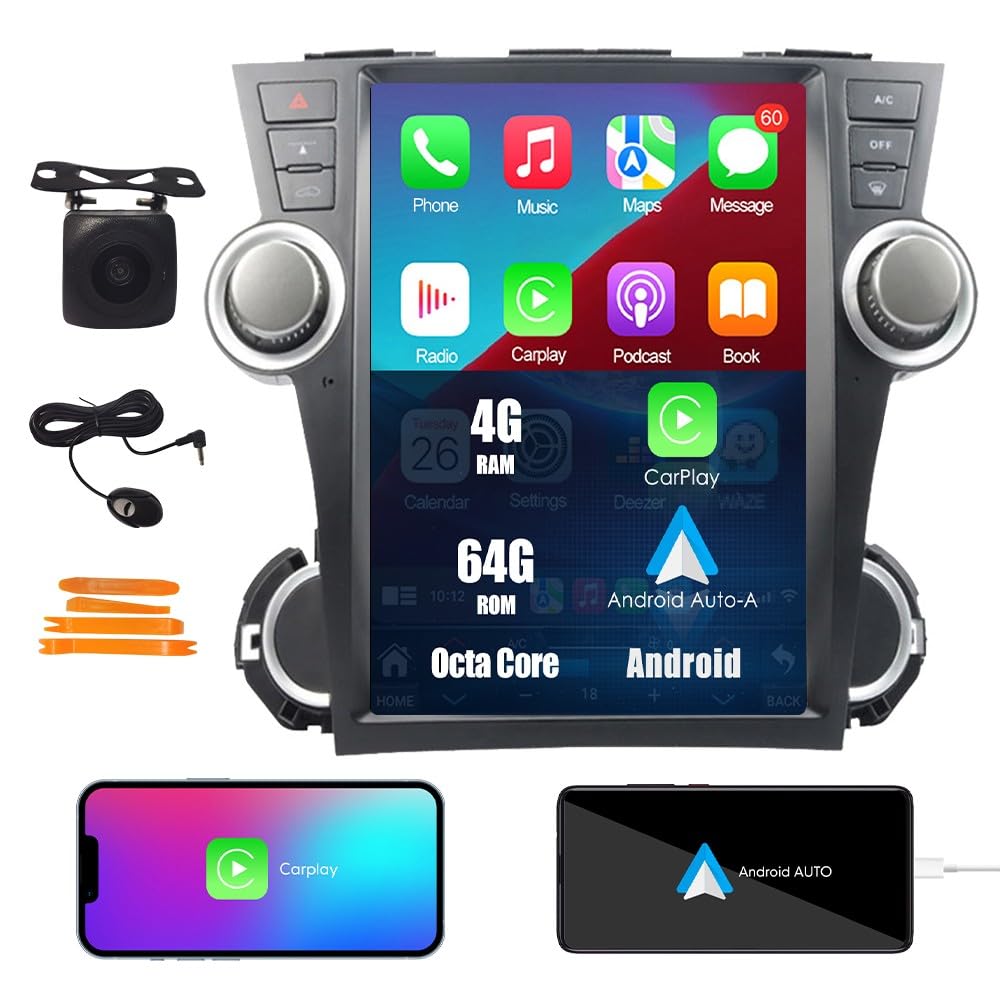 KUNFINE Tesla Style 12.1 Inch Android 11 Autoradio Car Navigation Stereo Multimedia Player GPS Radio IPS Touchscreen fortoyota Highlander 2009-2013