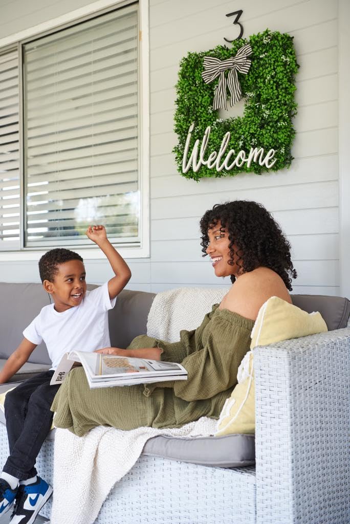 UVANI Square Boxwood Wreath with Wooden Welcome or Hi Sign- Long Lasting Boxwood Wreath for Front Door 20 inch Square- Lush Wall Decor- Realistic Green Decor- Stylish Farmhouse Decor