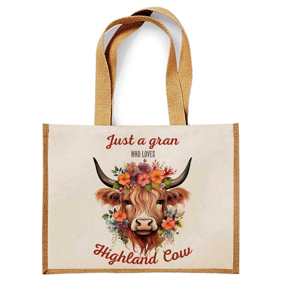 Getagift Just a Gran Who Loves Highland Cows – A Perfect Mother’s Day Tribute, Jute Bag, Shopping Bag. (Natural)