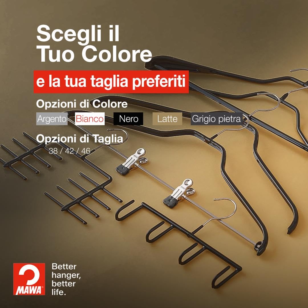 MAWA Grucce Appendiabiti Ergonomiche in Metallo, Set di 25, Ideali per Cappotti, Giacche, Blazer e Completi, Gancio Girevole 360°, Rivestimento Antiscivolo, 42 cm, Bianco
