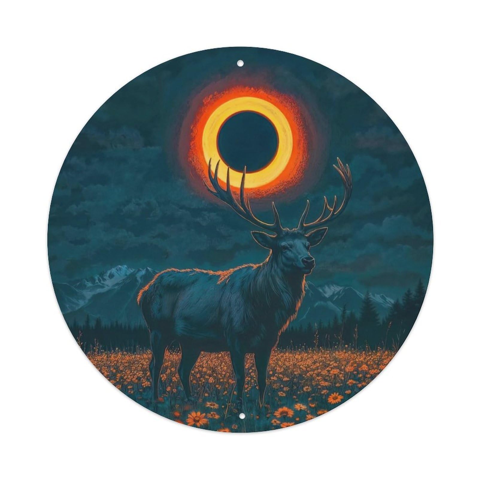 Animal Majestic Buck with Antlers Solar Eclipse Mountain Landscape Vintage Metal Tin Sign Plaque Wall Decor for Cafe, Club Bar, Office, Garden Metal Poster 8x8Inch