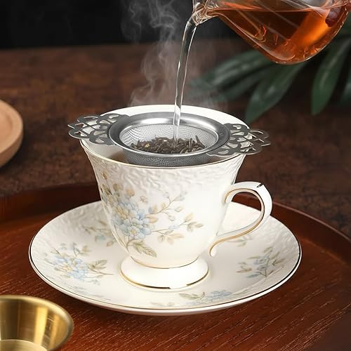 Miniatura 2 de Paquete de 6 filtros de té de malla, infusor de té de metal inoxidable, con mango y tazón de goteo para té suelto, plateado, 2.5 pulgadas