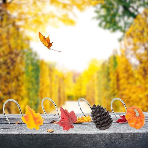 Miniatura 3 de Ganchos para cortina de ducha de otoño y otoño, accesorios de decoración de baño, metal a prueba de óxido, hojas de arce, calabazas, piñas, hojas de