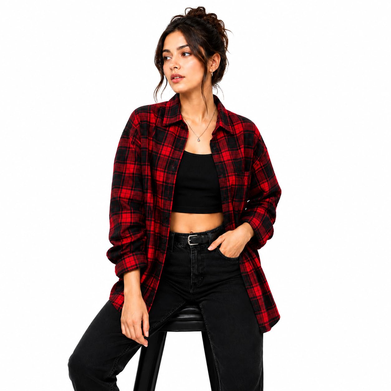 Women's Oversized Plaid Flannel Shirt, Red and Black, Long Sleeve, Casual Style-picture-17