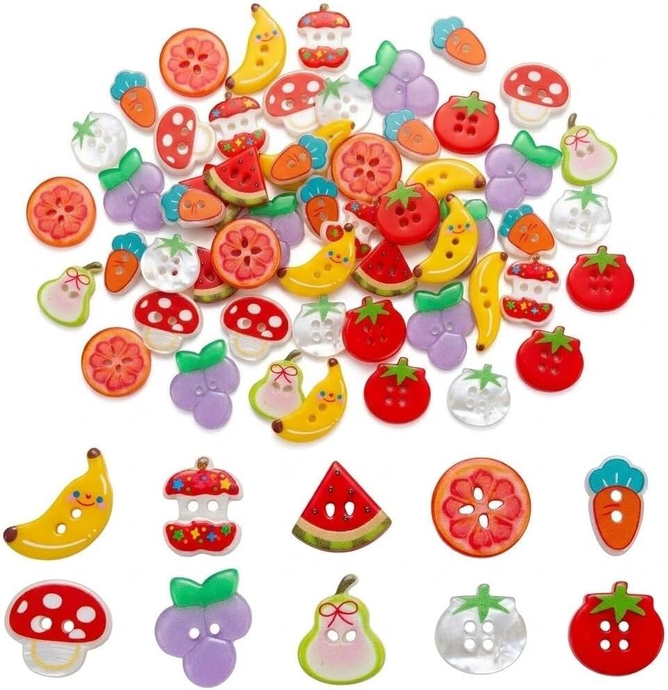Decorative Fruits Buttons, 50 Pieces Resin Craft Buttons, Lemon Tomato Pear Banana Design, 13MM, 4-Hole for DIY Sewing Projects (Colorful)