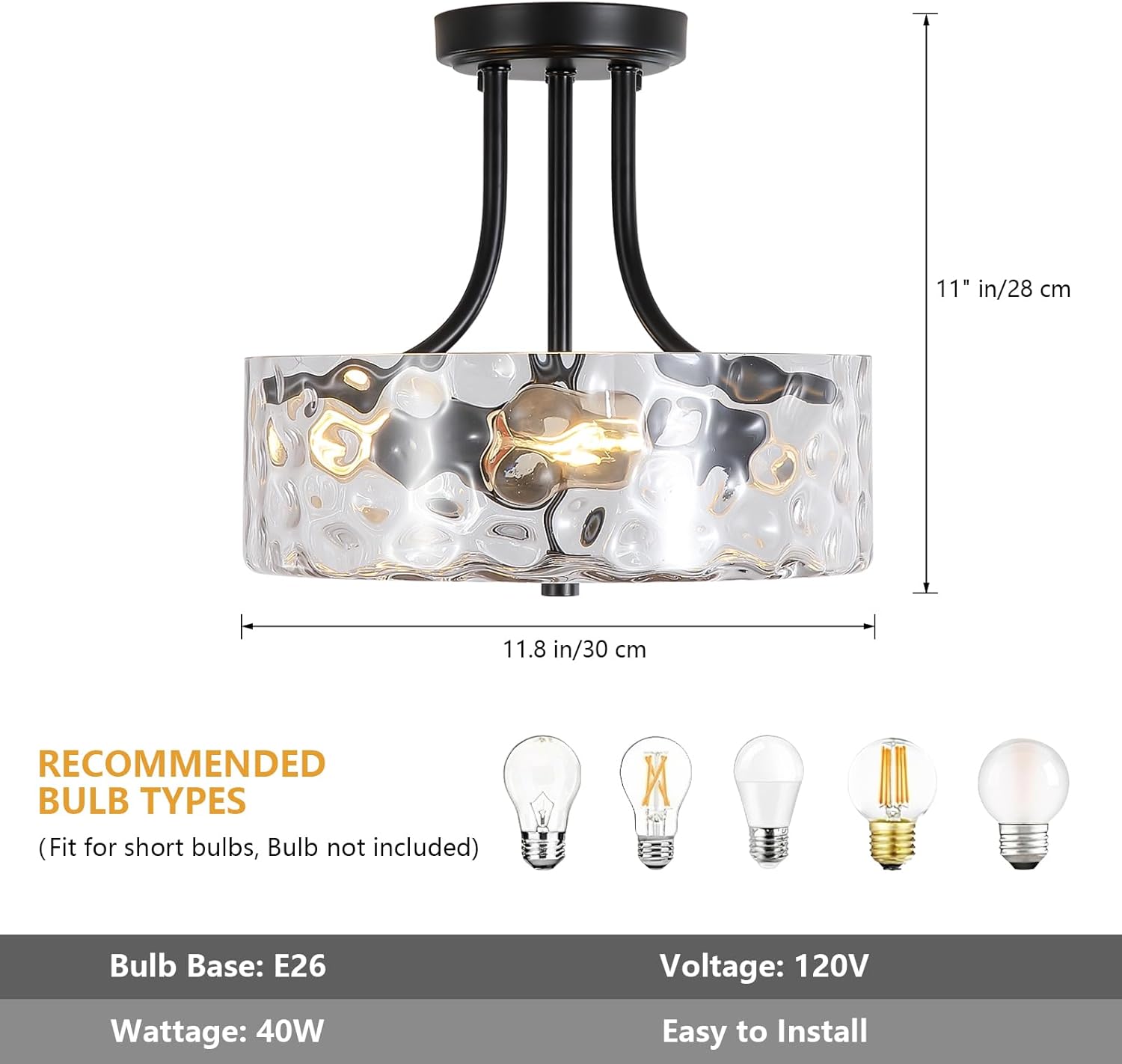 Black Semi Flush Mount Ceiling Light, 11.8" Foyer Lighting Fixtures, 3-Light Modern Glass Entryway Hallway Light Fixture for Dining Room Kitchen Bedroom Laundry Room