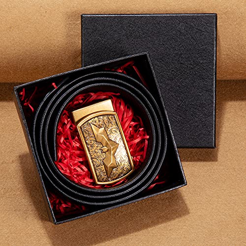 Barry.Wang Ratchet Belt for Men Bat Belt X Buckle,Genuine Leather Adjustable Casual 1 3/8" Cuff Links Tie Clip Dinner Business Wedding Gift4