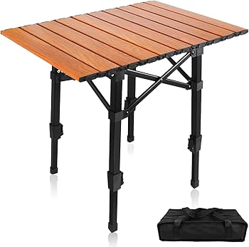Amazon | 【木目調天板・無段階高さ調節】 アウトドアテーブル
