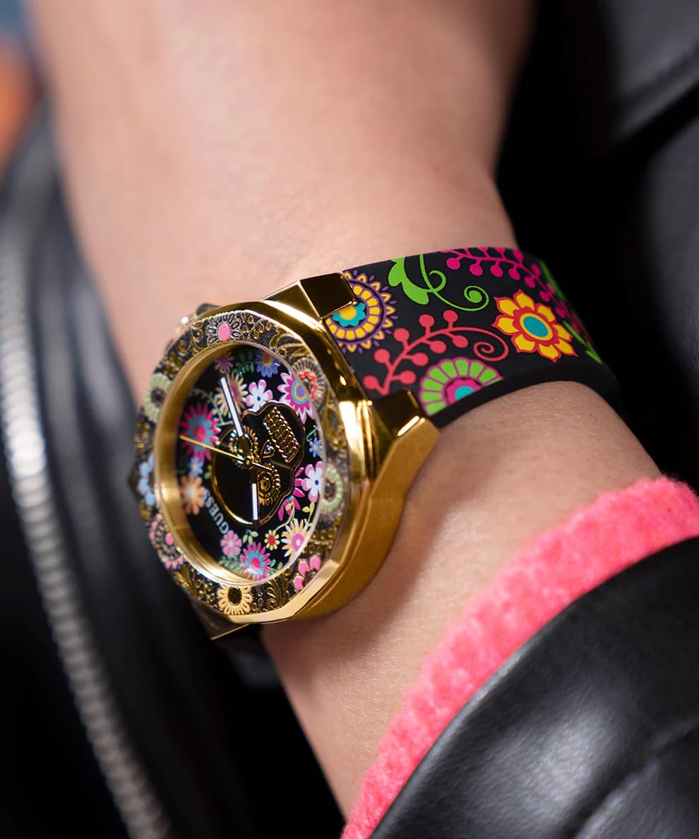Guess Reloj analógico de Cuarzo para Mujer con Correa de Silicona GW0754L1, Negro, Día de los Muertos